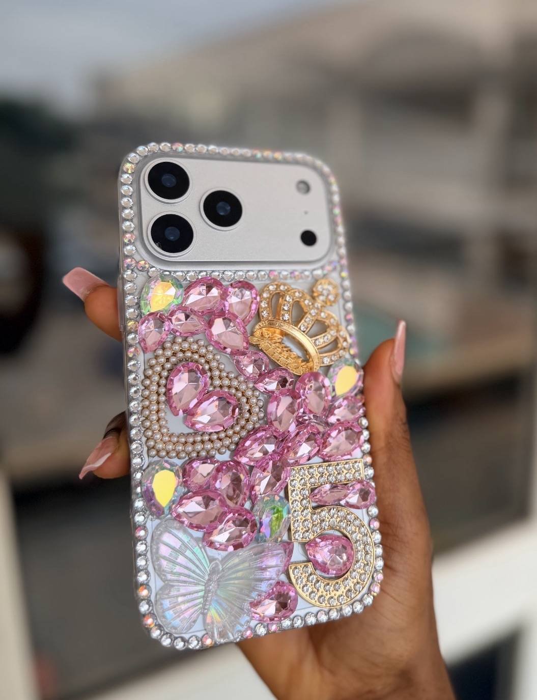 PINK CROWN 5 BEADED RHINESTONE CASE